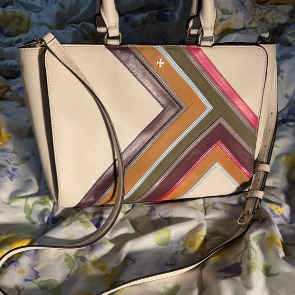 Tory Burch Cream Chevron Satchel - Picture 2 of 8